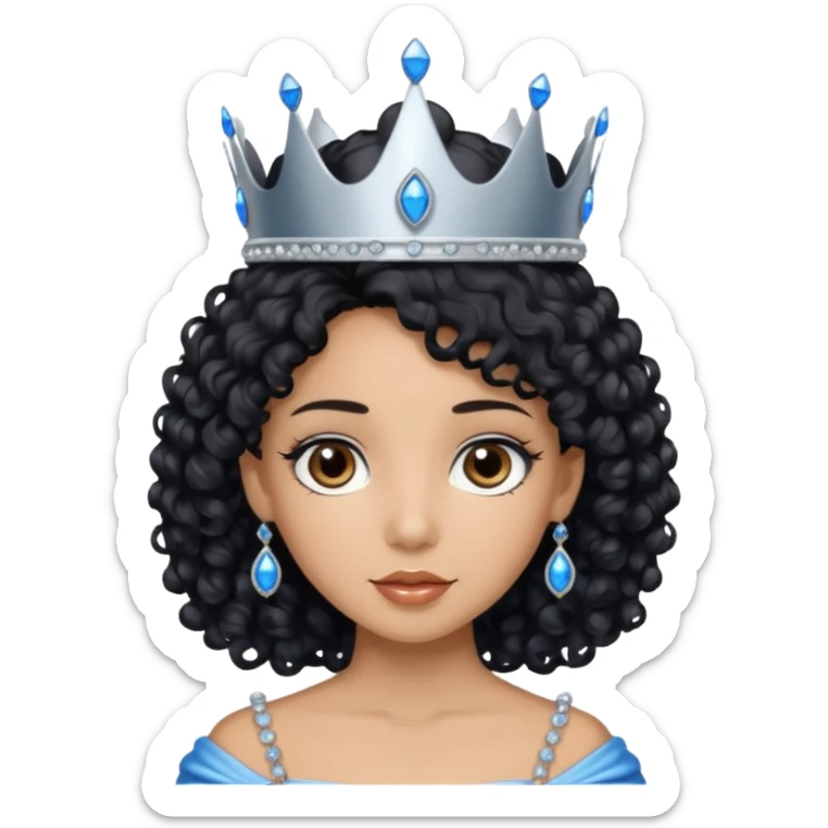 Por favor hazme el emoji de la princesa pero con piel canela con el pelo negro y rizado, los ojos marrones y la corona plateada con jollas azules sticker