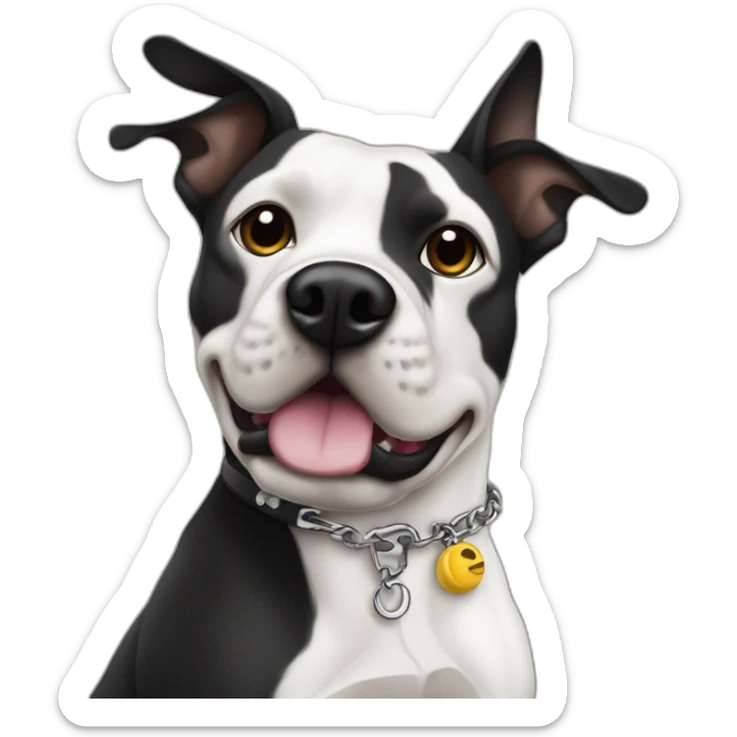 Un staffi noir et blanc avec des tache de brunger sur c'est patte arrière avec un collier ver se nomment ugette sticker