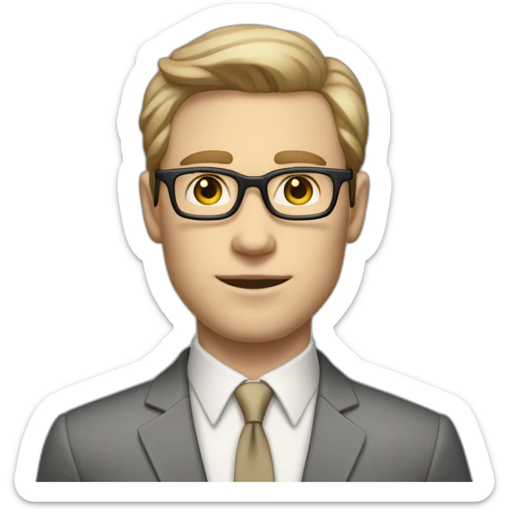Full height Pale skinned Fit Man With dark brown hair in classic gray suit, beige office shirt, dark gray tie, and vintage glasses. His hands lock sticker
