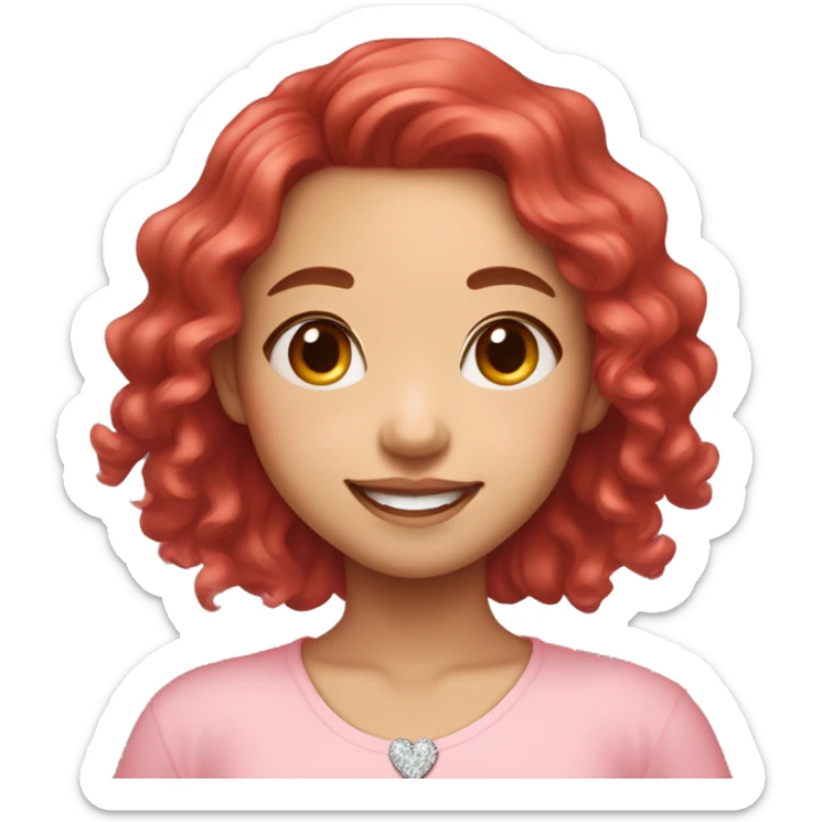 Asian girl, bright smile, red long hair and a little bit curly, pretty bright skin, wearing diamond bud earrings, a heart shape necklace and pink pastel shirt  sticker
