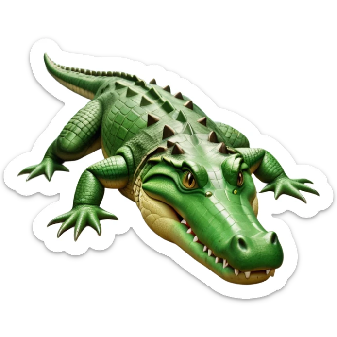 cinematic-crocodile-realistic-full-body-on all fours-emoji,-massive-scaled-body-partially-submerged-in-shallow-water,-head-tilted-dramatically,-rough-green-and-brown-hide-textured-with-deep-ridges,-simplified-yet-realistic-focused-features, head held high sticker