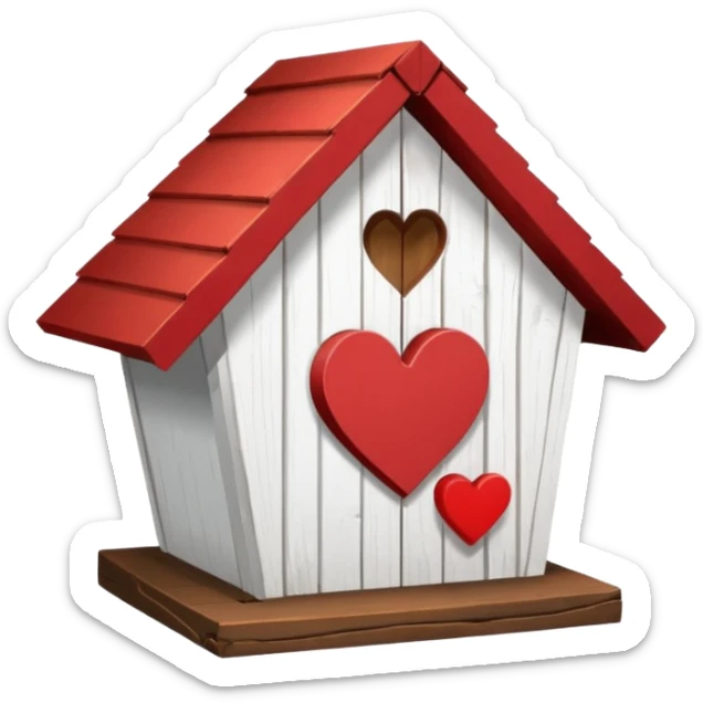 a birdhouse with a normal circular hole and a red roof with the rest white and a heart at the top but below the roof sticker