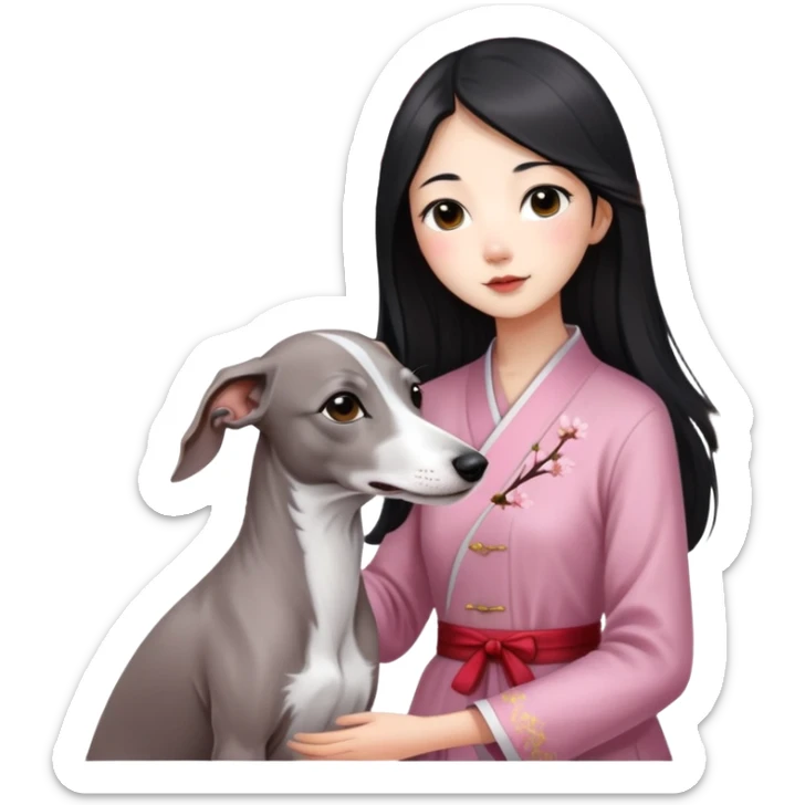 A young Chinese girl with long black hair and a pure grey Italian Greyhound with no white markings sitting under a cherry blossom tree sticker