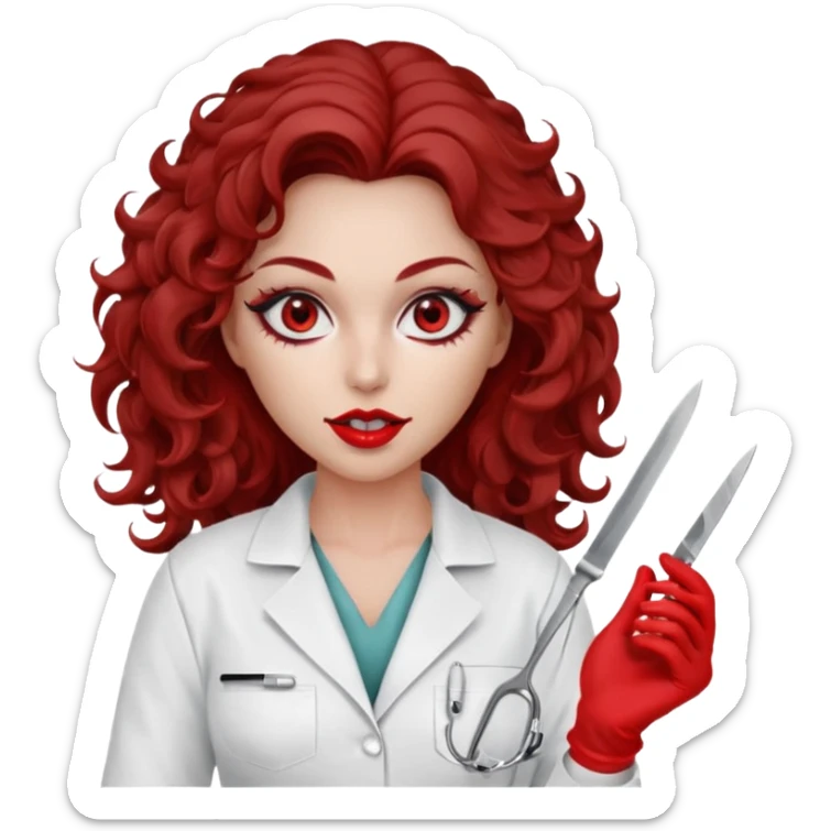 Scary woman scalpel in hand, evil surgeon sexy surgeon clothes.  She has red eyes. Her  brown long curly hair. Wears sexy doctor outfit with red gloves. make her hair free and brown but she  wear mouth cover   to hide. Wears white surgeon jacket and sticker