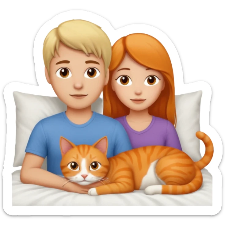 Girl with brown hair and guy with blonde in bed with an Orange cat sticker