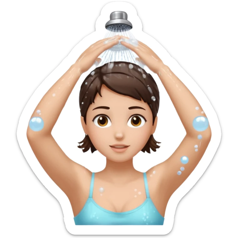 brunette girl hair up arms up hands on head shower washing hair soapy bubbles sticker