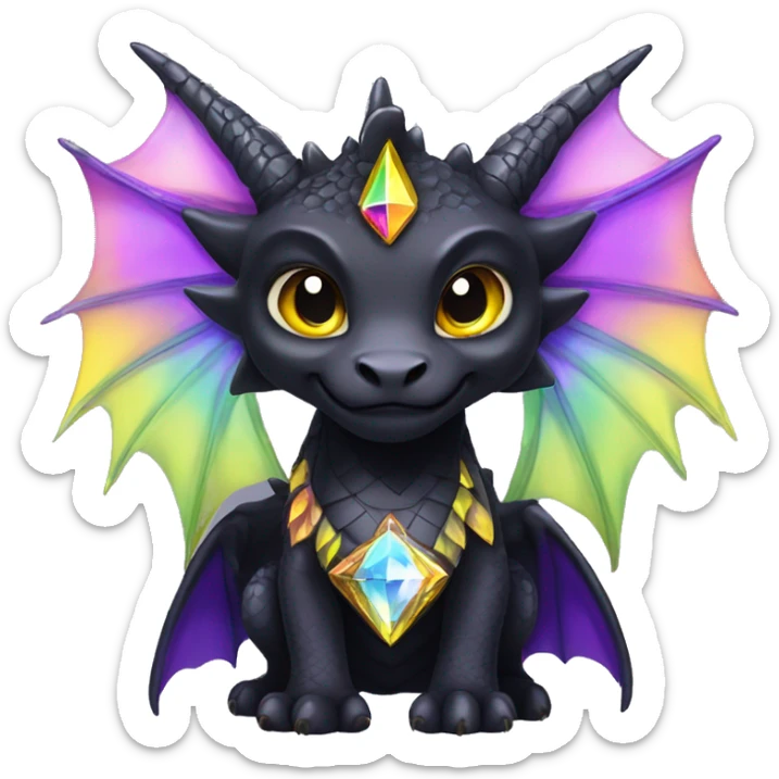 Black Dragon with purple and yellow crystals, a rainbow diamond on his chest, his eyes are yellow, and he has wings sticker