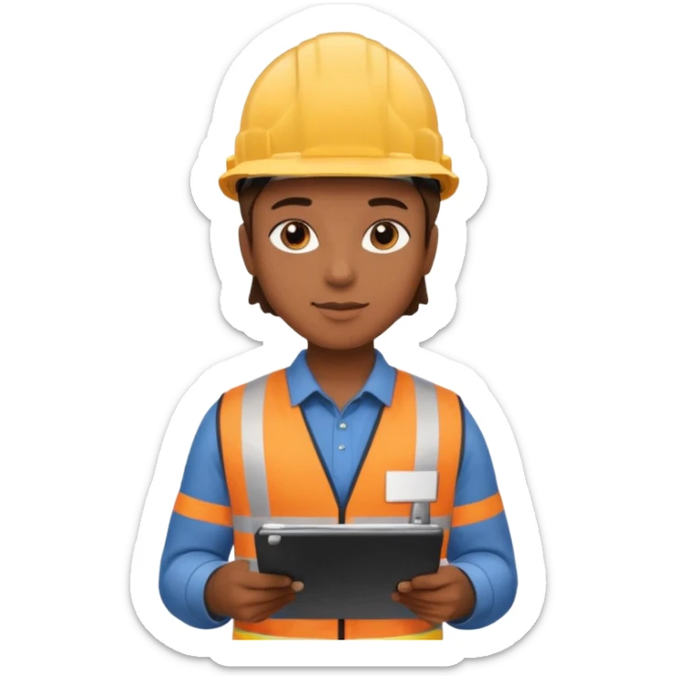 Person mit Schutzhelm und Checkliste in der Hand, umgeben von Lagerregalen sticker