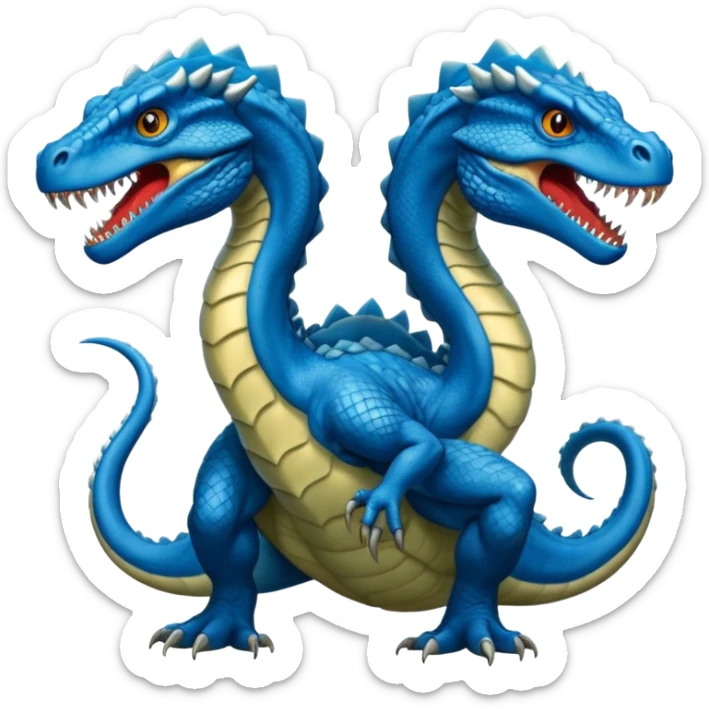 blue hydra, strong reptilian body, like a dinosaure, not like a snake, dragon characteristics,  with 3 heads rising from its neck sticker