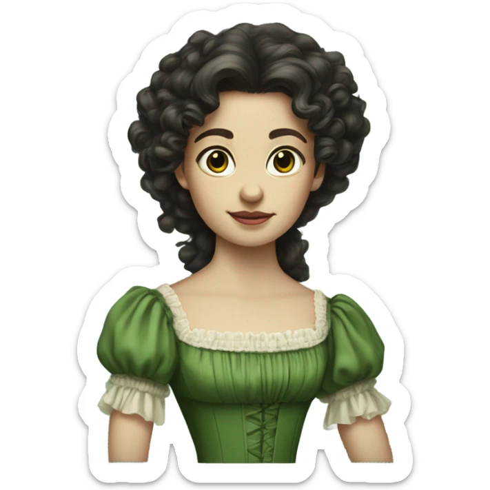 Long dark curly hair, wearing a green dress from the 1800’s, pale skin sticker