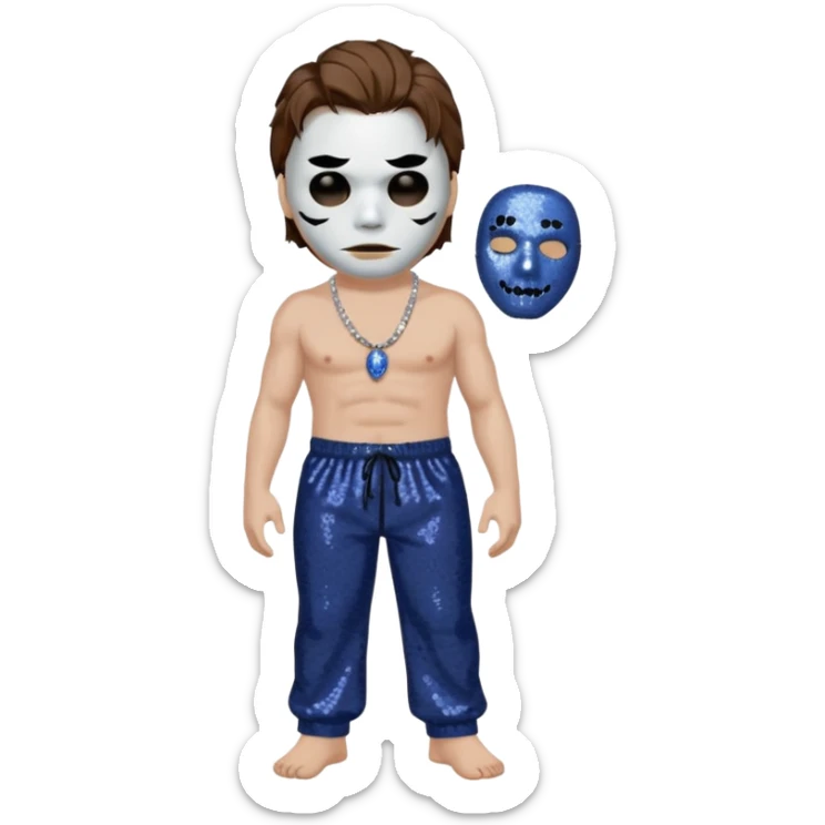 Michael Myers with white mask with brown hair, indigo sequin baggy pants, shirtless with necklace sticker