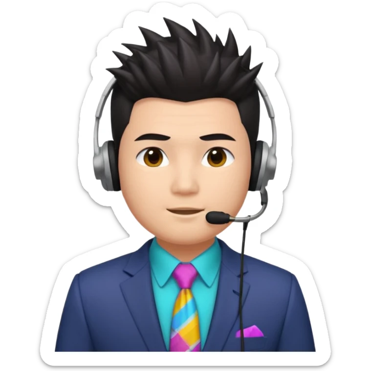 asian man headset suit face only spikey hair in front dark hair gay shirt chubbier face sticker