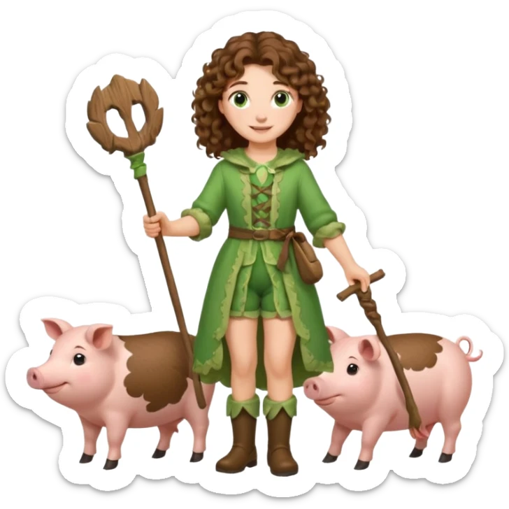 happy young shepard, long curly brown hair, in green magical outfit, with wooden shepard stick in hand, taking care of pigs sticker