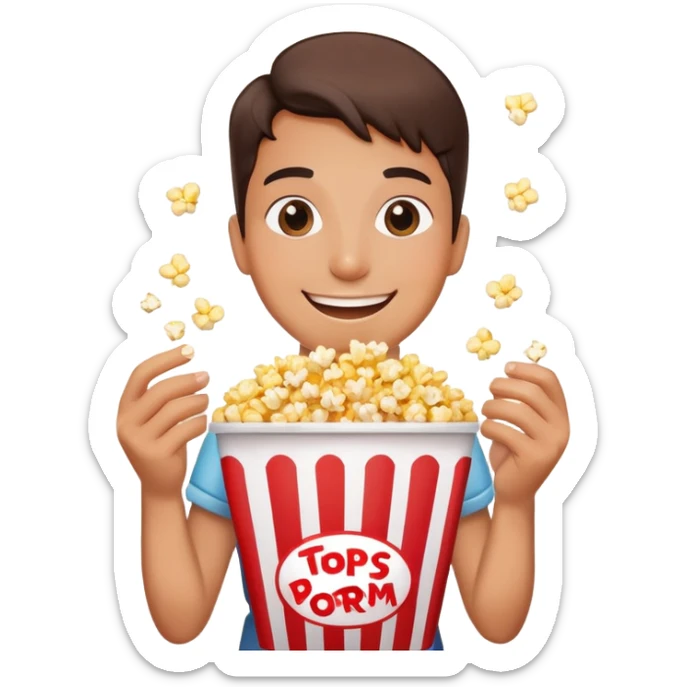 Person watching a movie with a happy face, holding popcorn bucket, cinema lights reflected on face sticker