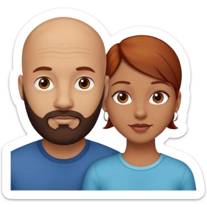Couple. A bald man with dark brown beard and a girl with light skin. She is a redhead and has dark yellow brown auburn hair. Different skincolor. She has very light skin. sticker