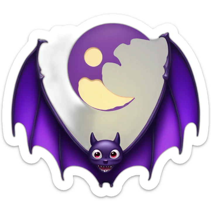 purple and black evil face vampire bat cartoon sparkle eyes wings flying in front of large dripping crescent moon sticker