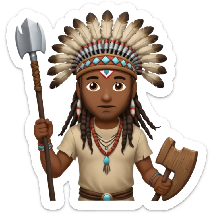 Black American man dark brown with dreads with a American Indian headdress throwing a axe sticker