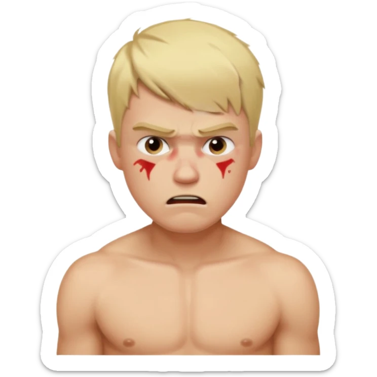 a blond guy with a short haircut, a tired and angry face, no shirt, with bruises under his eyes, and signs of beatings on his body sticker