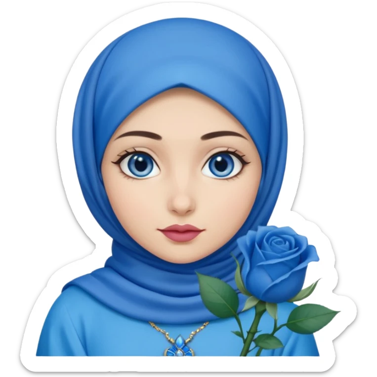 Turkish beautiful finish Konya girl blue eyes with blue hijab islamic dress and had on her hand blue rose design lipstick sticker