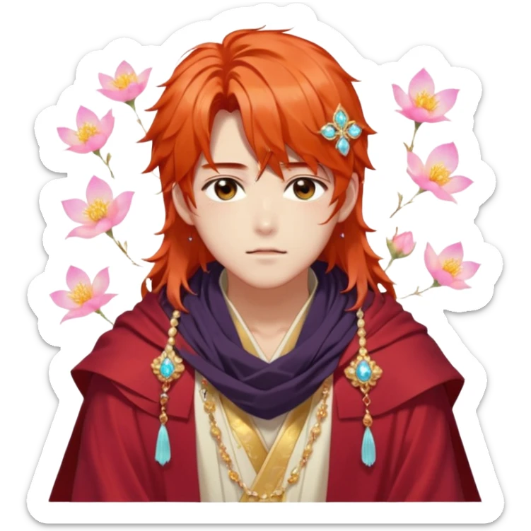 Beautiful gorgeous blushing Korean-Japanese-youthful-elegant-anime guy with beautiful fiery-special-medium-long-hair, fashion aesthetic, ethereal, fairycore, pastelcore, flower petals, crystals, layered robes, toga, cloak scarf, accessories, jewelries, gold, colorful, shiny, trending style, outside sticker