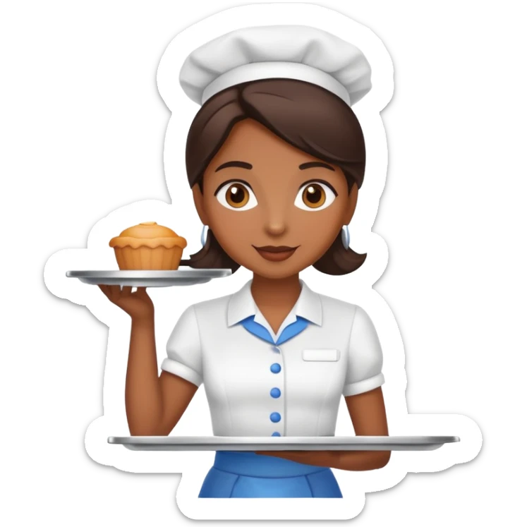 Chica morena de piel trabajando de camarera con bandeja en la mano  sticker