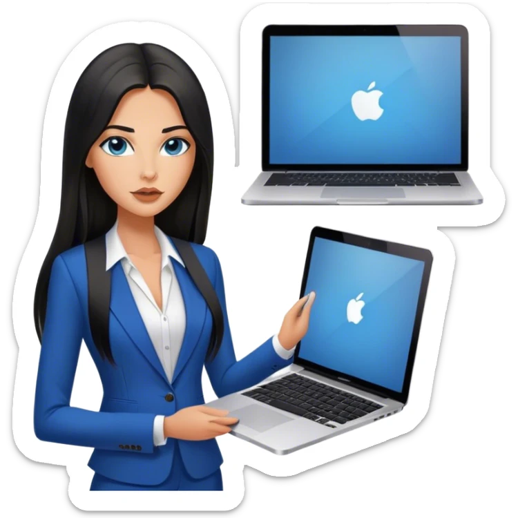 Model glamours tanned beautiful girl with pump nude lips and black straight long hair, straight hair parting, blue eyes with MacBook and V-neck suit vest,  - only one person sticker