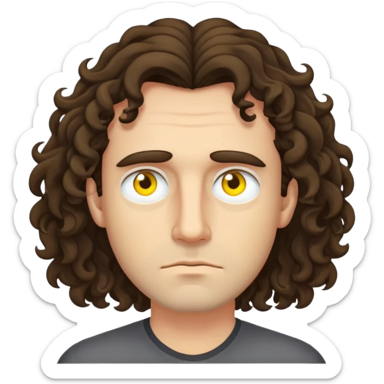 A man with sleppy eyes that are yellow with long to the neck curly brunnete hair who is a lil bit angry sticker