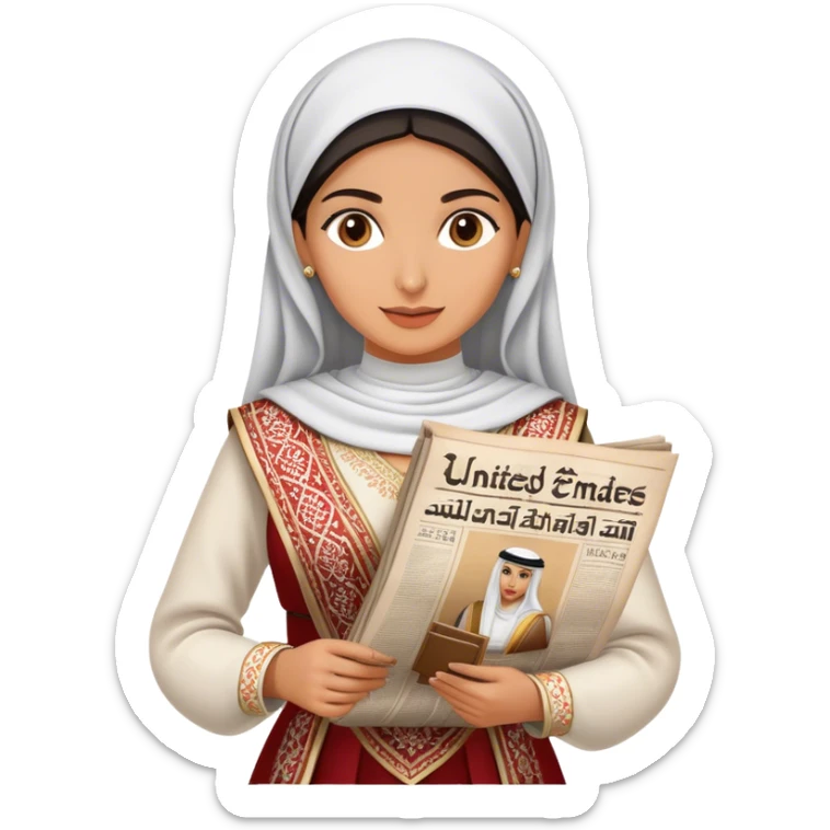 a woman dressed in a traditional embroidered outfit, elegantly holding a historical Arabic newspaper. The newspaper headline announces the formation of the United Arab Emirates, adding a sense of cultural and historical significance.  sticker