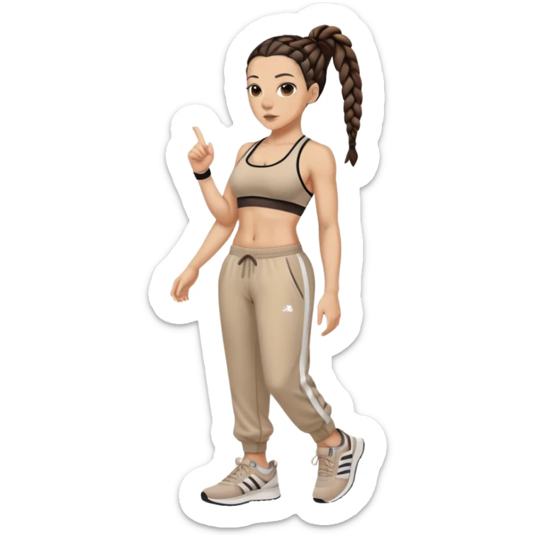 Melanie chisholm with two dark brown french braids, wearing a sports bra and track pants with sneakers sticker
