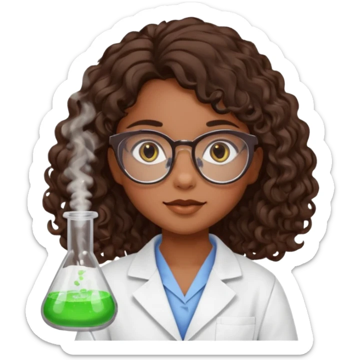 bratz doll with long loose curly dark brown hair, glasses that are round cat eye vibes, in a lab coat mixing beakers that glow shes a 4th grade girl sticker