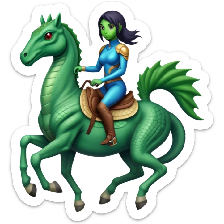 a Reptilian alien woman, full body, riding a horse sticker