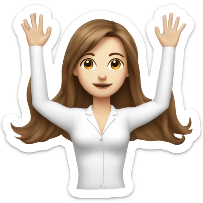 White girl with long brown hair and bangs doing Pilates in a white suit sticker