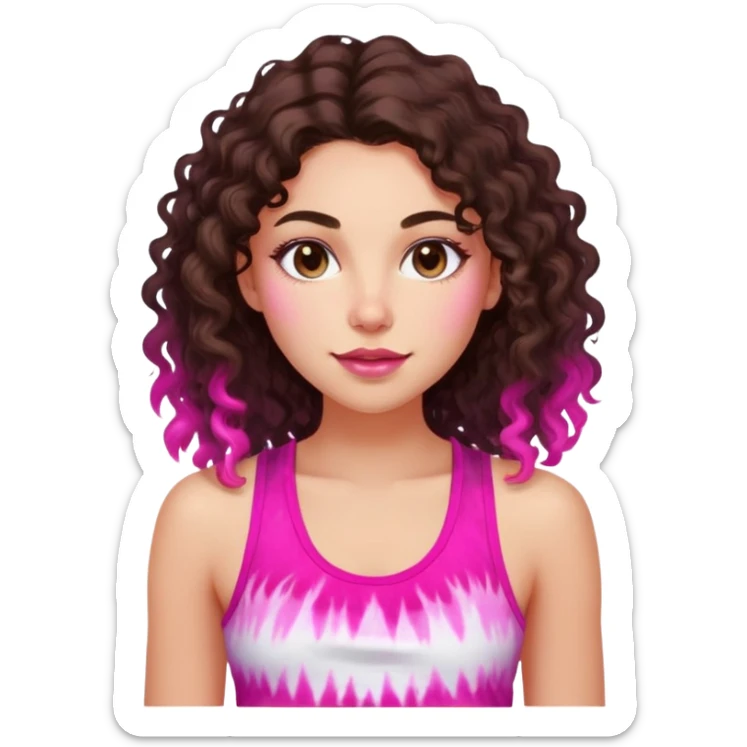 Young adult woman with luminous fair skin, long dark brown curly hair, large almond dark brown eyes, thick lips, wearing bright pink tie-dye tank top, warm friendly expression sticker