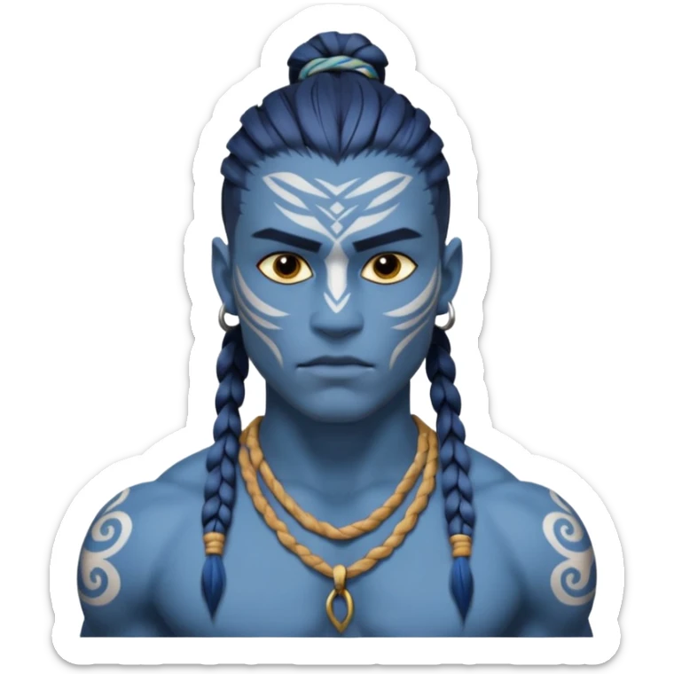 Design a Na’vi male with blue skin, tribal markings, braided hair, sharp eyes & a warrior look. sticker
