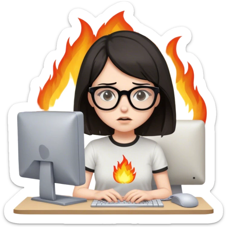 girl with black brown bob hair wearing glasses is having a brain fog while working on her old computer wearing a nirvana tshirt with fires on her head sticker