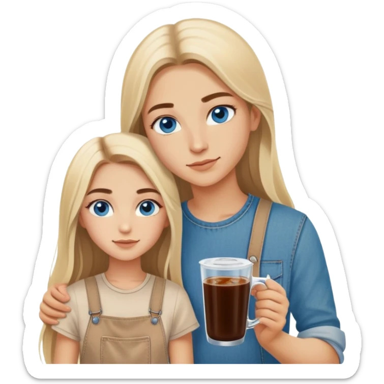 Turkish beautiful finish Konya girl long blonde hair and blue eyes with beige denim dress and with her brother had on the hand Rose Cold brew coffee   sticker