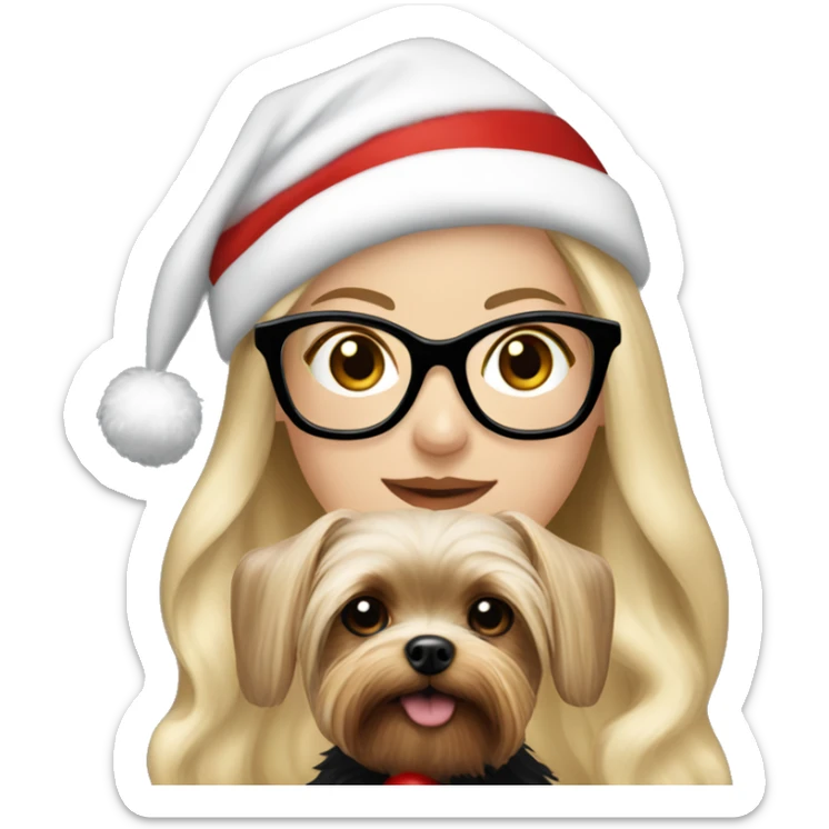 Beautiful white woman, long blonde hair and black glasses wearing a santa hat holding Yorkshire terrier sticker