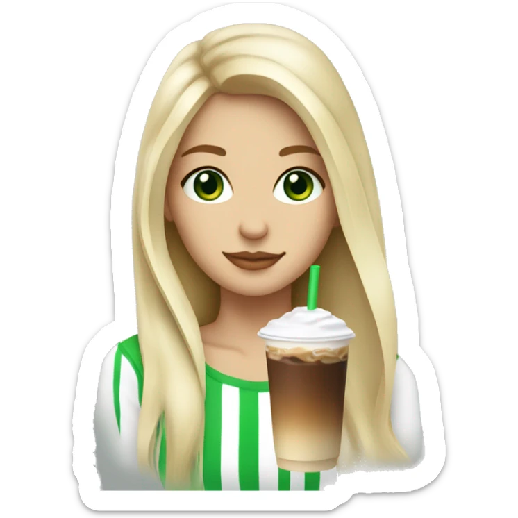 Blonde girl long hair green eyes drinking iced latte sticker