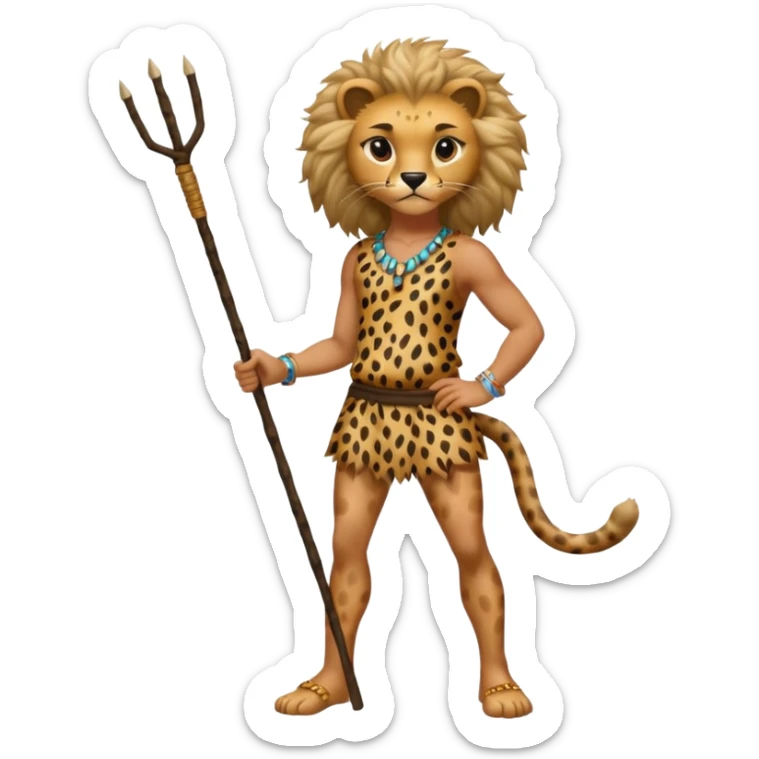 Give me a human who has hunch back and wearing cheetah print lot of hair on his body show full body and has a stick in his hand sticker