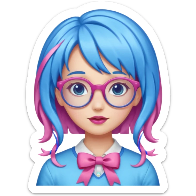 candy girl with very long blue-pink mixed candy hair with ribbon and no tattooes, with glassess sticker