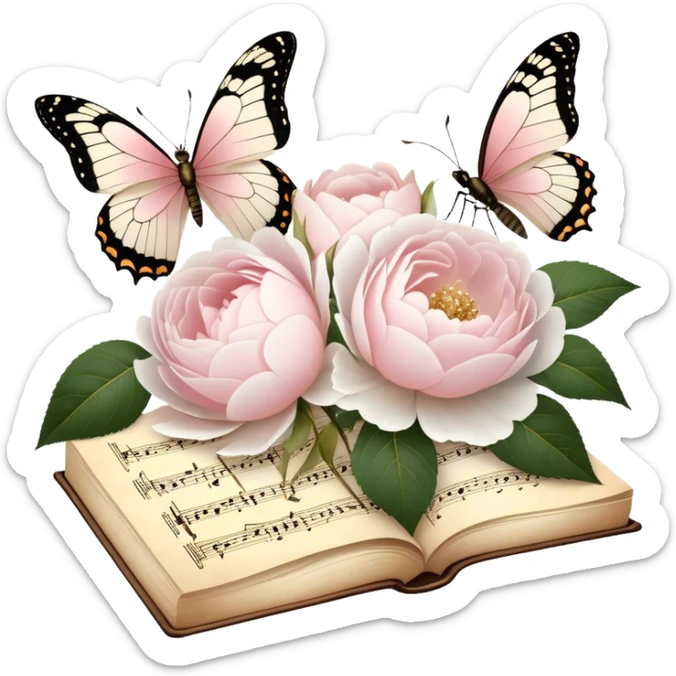 A charming antique music sheet, adorned with golden ink flourishes and pressed blush pink rose petals, resting beside a bouquet of fresh white peonies, while a pearl butterfly’s wings gently touch the delicate paper.
 sticker