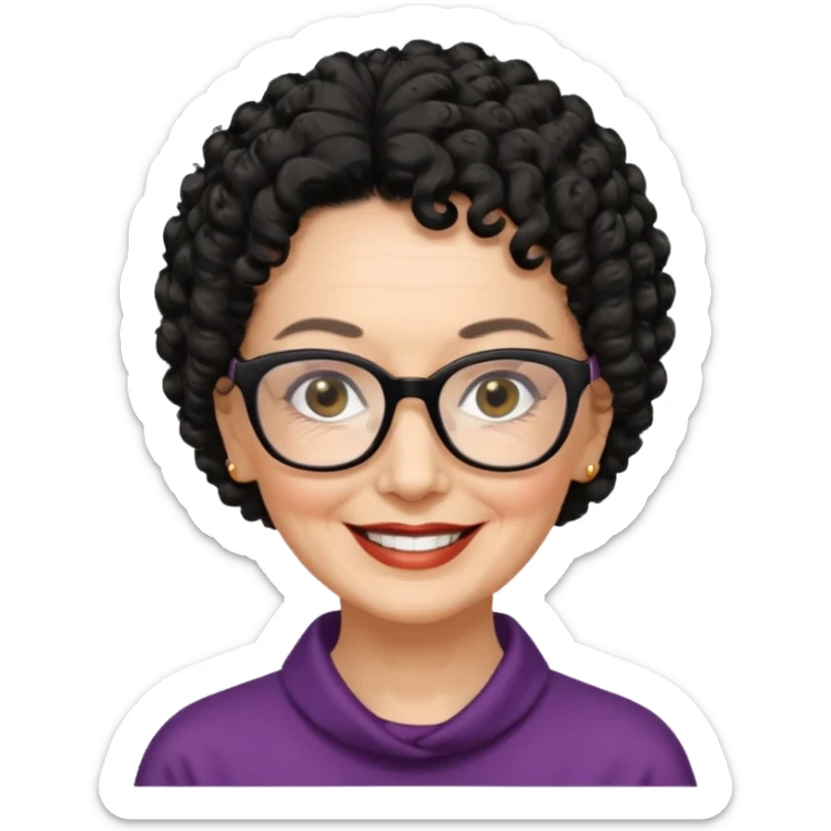 femme 70 ans cheveus noir bouclé attachés, lunettes rectangles noir yeux noir et sourrir sticker