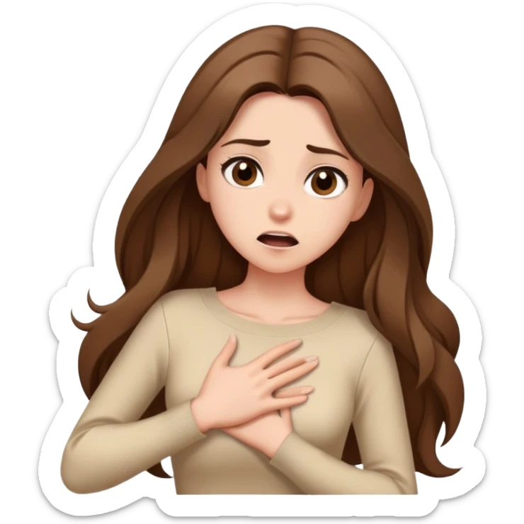 Girl with long brown hair making a dramatic gasp, hand on chest, elegant beige cartoon style sticker