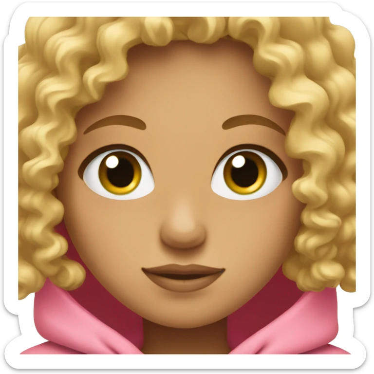 Curly girl hair with blonde hair and green eyes wearing a pink hoodie sticker