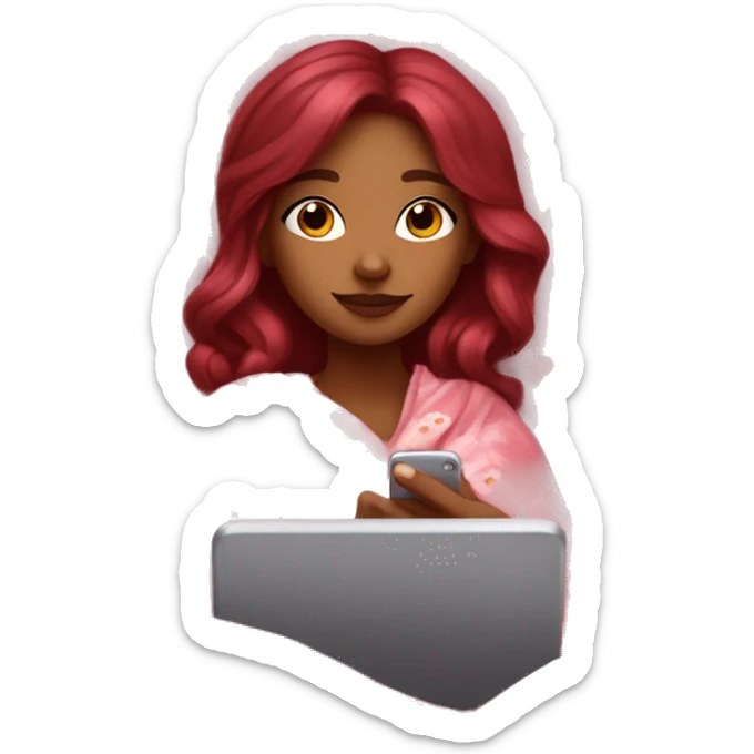 brown girl with cherry coke red hair watching series on her phone while being cozy in her floral pink blanket  sticker