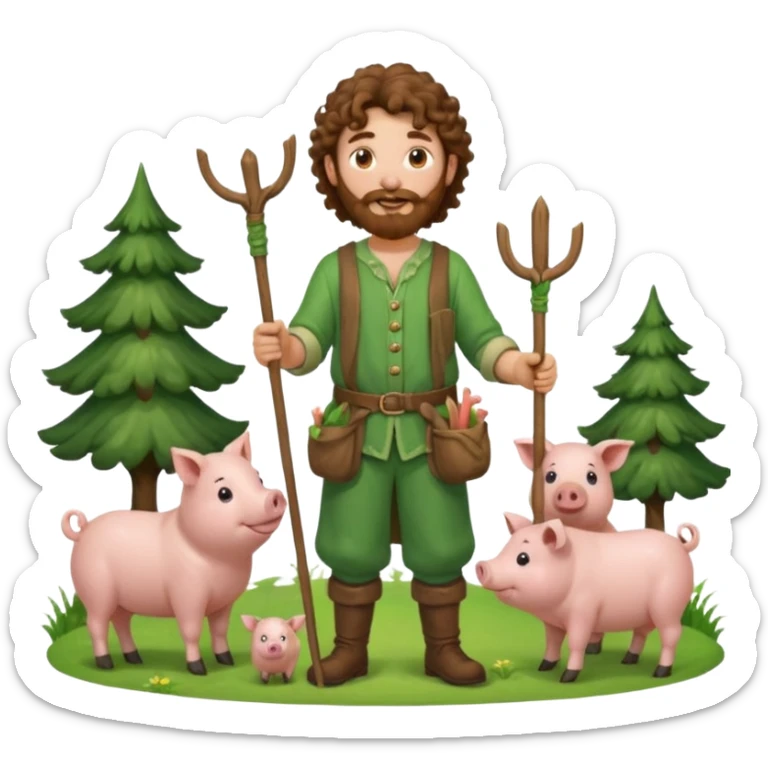 happy young shepard with long curly brown beard and long curly brown hair, in green magical outfit, with wooden shepard stick in hand, taking care of pigs sticker