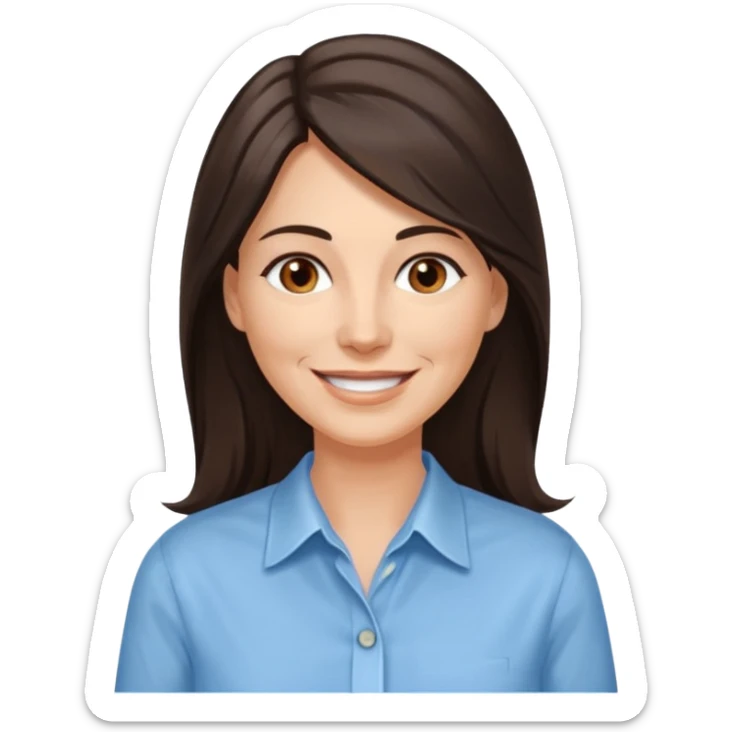 vit 50-årig kvinna med jättelångt mörkbrunt hår med vita slingor bruna ögon ljusblå skjorta med översta knappen uppknäppt sticker