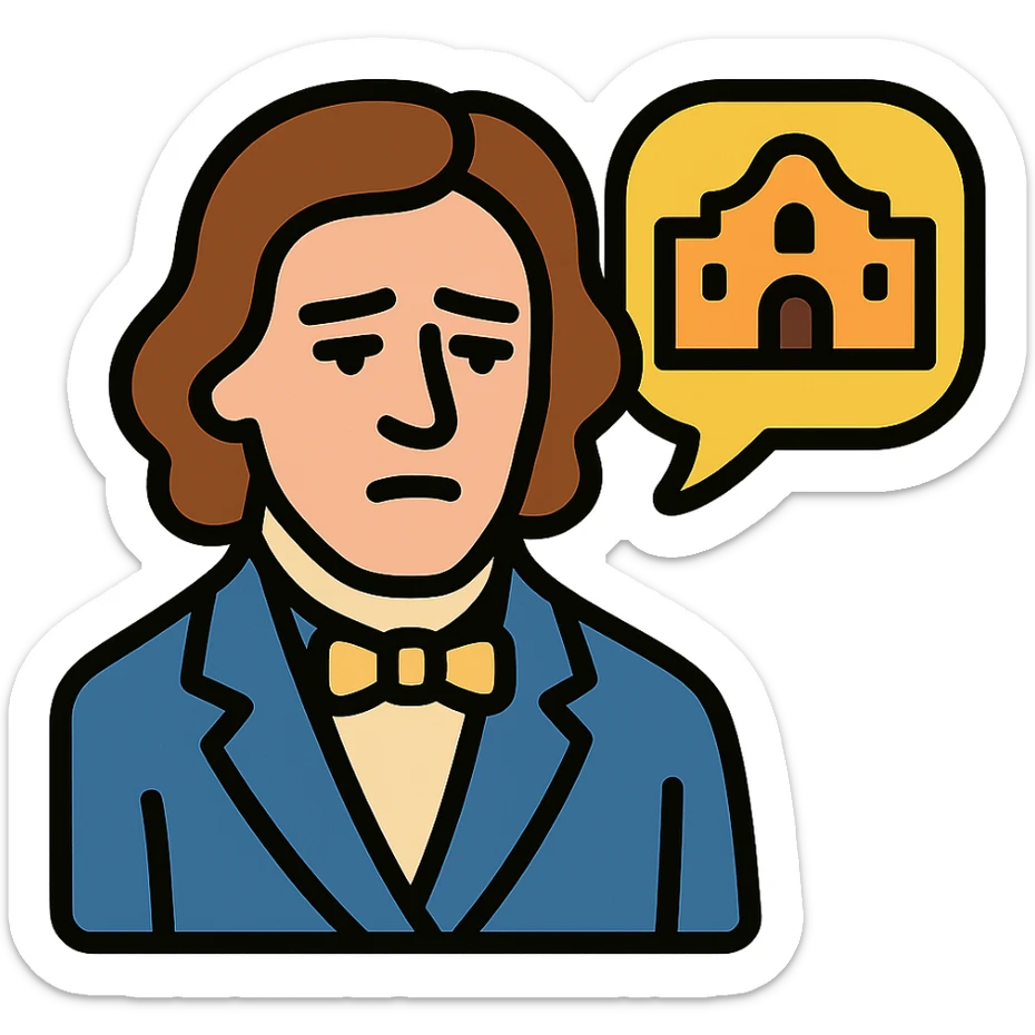 color outline icon style face of an 1800s person with a solemn, reflective expression, remembering the Alamo sticker