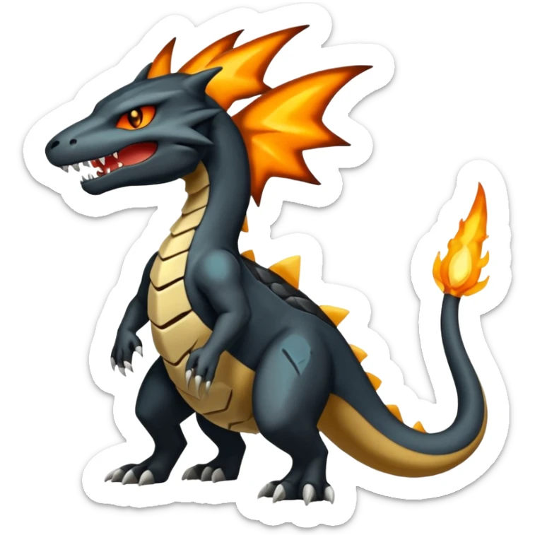 Magmatic fiery badass cool obsidian-Black and golden-orange Helioptile-Marowak-Salamence-Fakémon-hybrid-creature (full body)  sticker