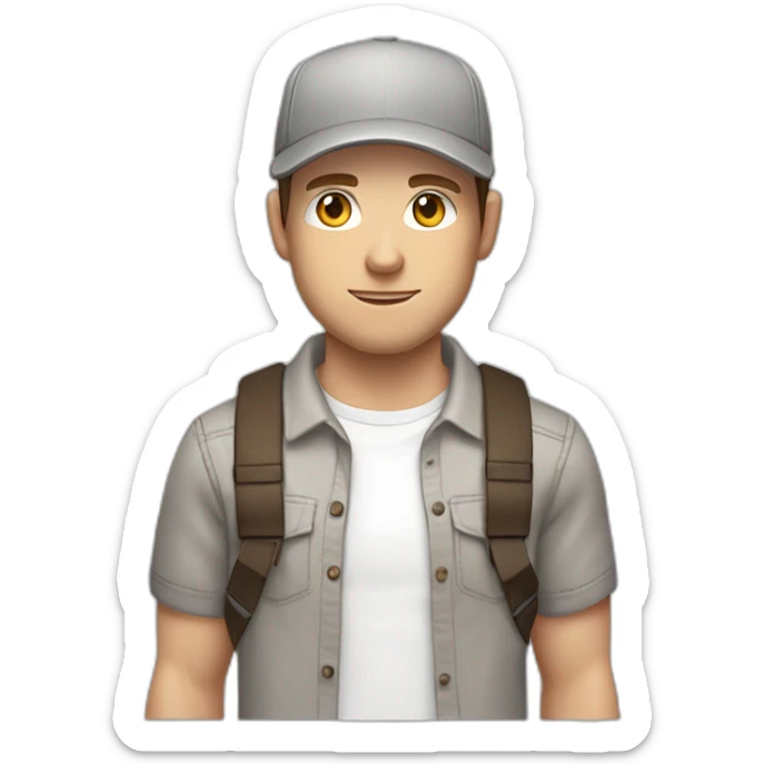 Pale skinned fit Man with dark brown hair in a light gray cap, dark brown jeans, brown polo and white T-shirt keeping a pasted with tape white box into his hands sticker